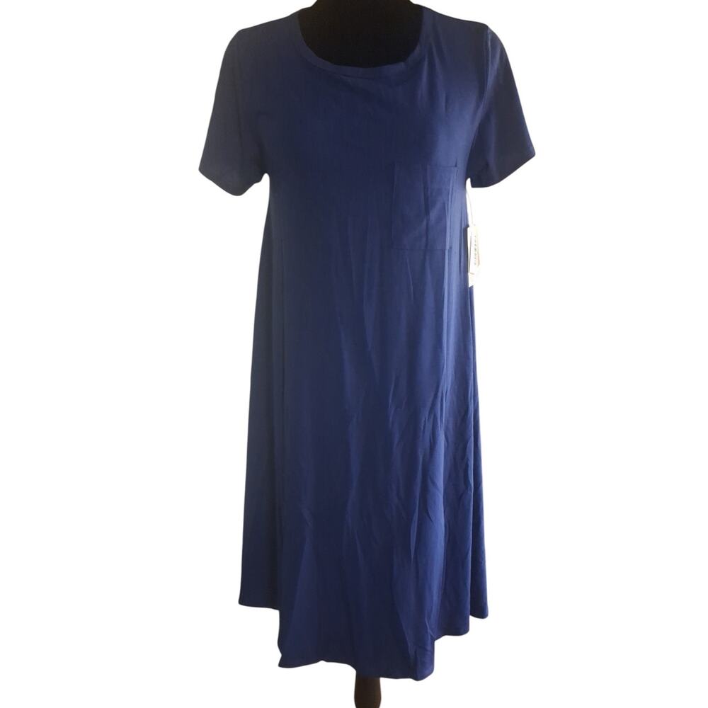 LuLaRoe CARLY High Low Dress Round Neck Royal Blue Short Sleeve Womens Size S